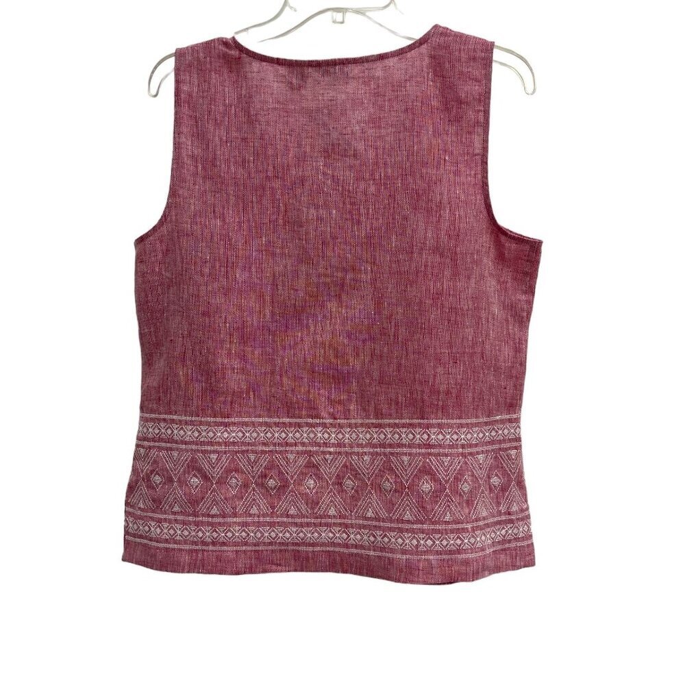 Edward Embroidered Red White Dark Pink Linen Sleeveless Tank Shirt Blouse Size M - Picture 2 of 11